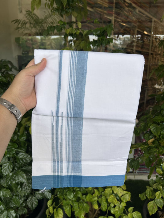 20% Discount! KaithariKada Balaramapuram 100% Cotton Double Pure white Mundu/Dhoti- 100x80 - 1.5 inch Peacock Blue shaded striped chutty kara - 3.75 mtr ( 8 muzham) - 26 KK5315 VAS