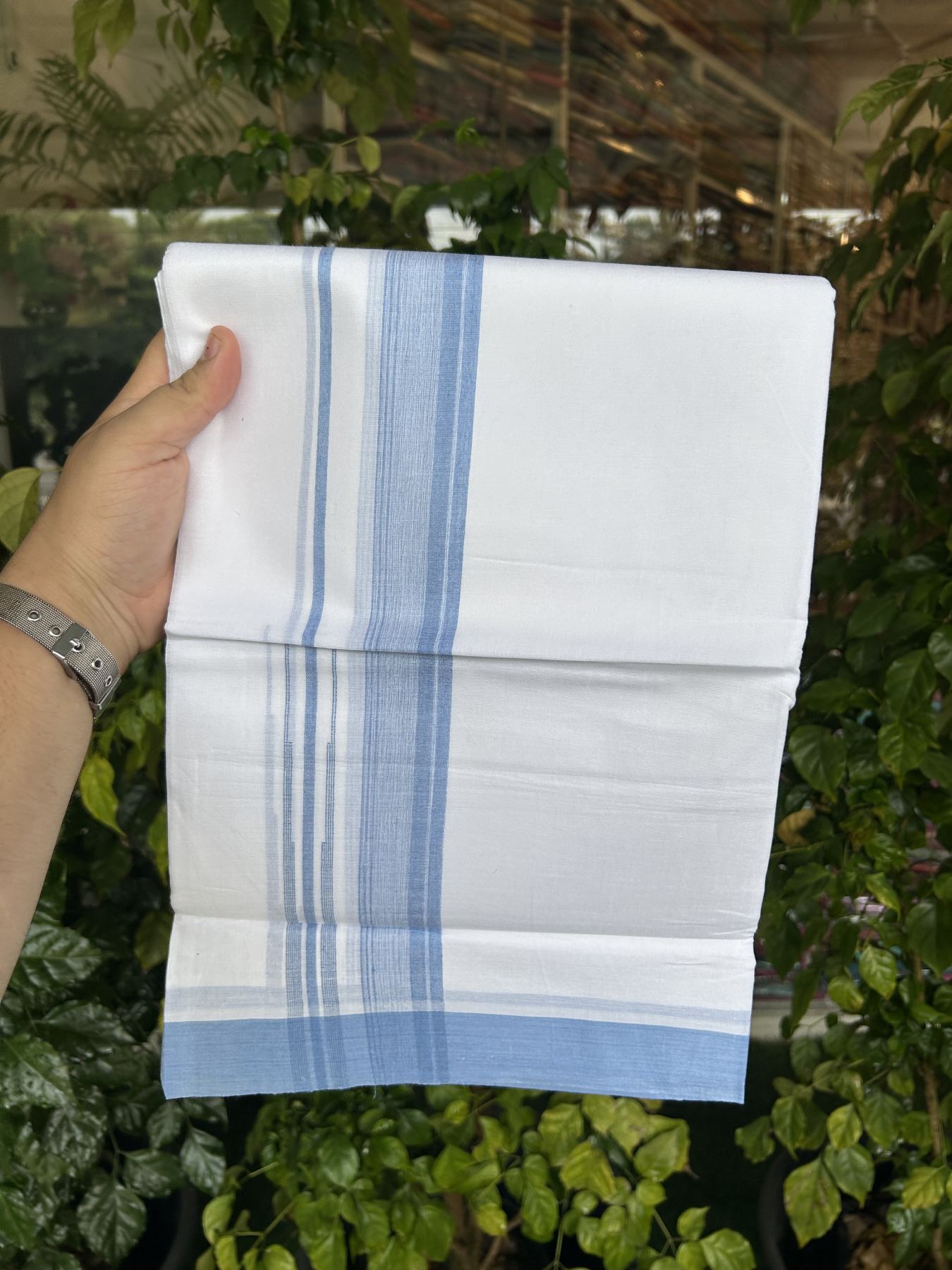 20% Discount! KaithariKada Balaramapuram 100% Cotton Double Pure white Mundu/Dhoti- 100x80 - 1.5 inch Blue shaded striped chutty kara - 3.75 mtr ( 8 muzham) - 21 KK5315 VAS