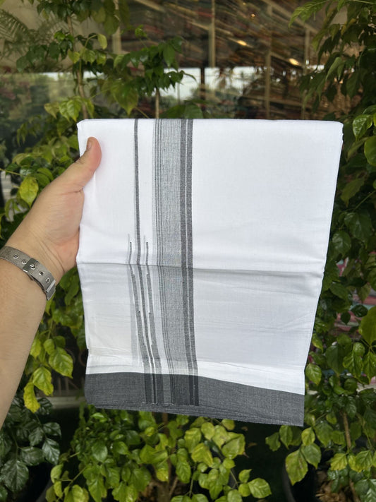 20% Discount! KaithariKada Balaramapuram 100% Cotton Double Pure white Mundu/Dhoti- 100x80 - 1.5 inch Black shaded striped chutty kara - 3.75 mtr ( 8 muzham) - 19 KK5315 VAS