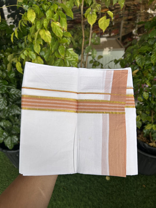20% Discount! KaithariKada Balaramapuram 100% Cotton Double Pure white Mundu/Dhoti- 100x80 - 1.25 inch Silver Kasav & Pestel Orange kara 3.75 mtr ( 8 muzham) - 7 KK5315 VAS