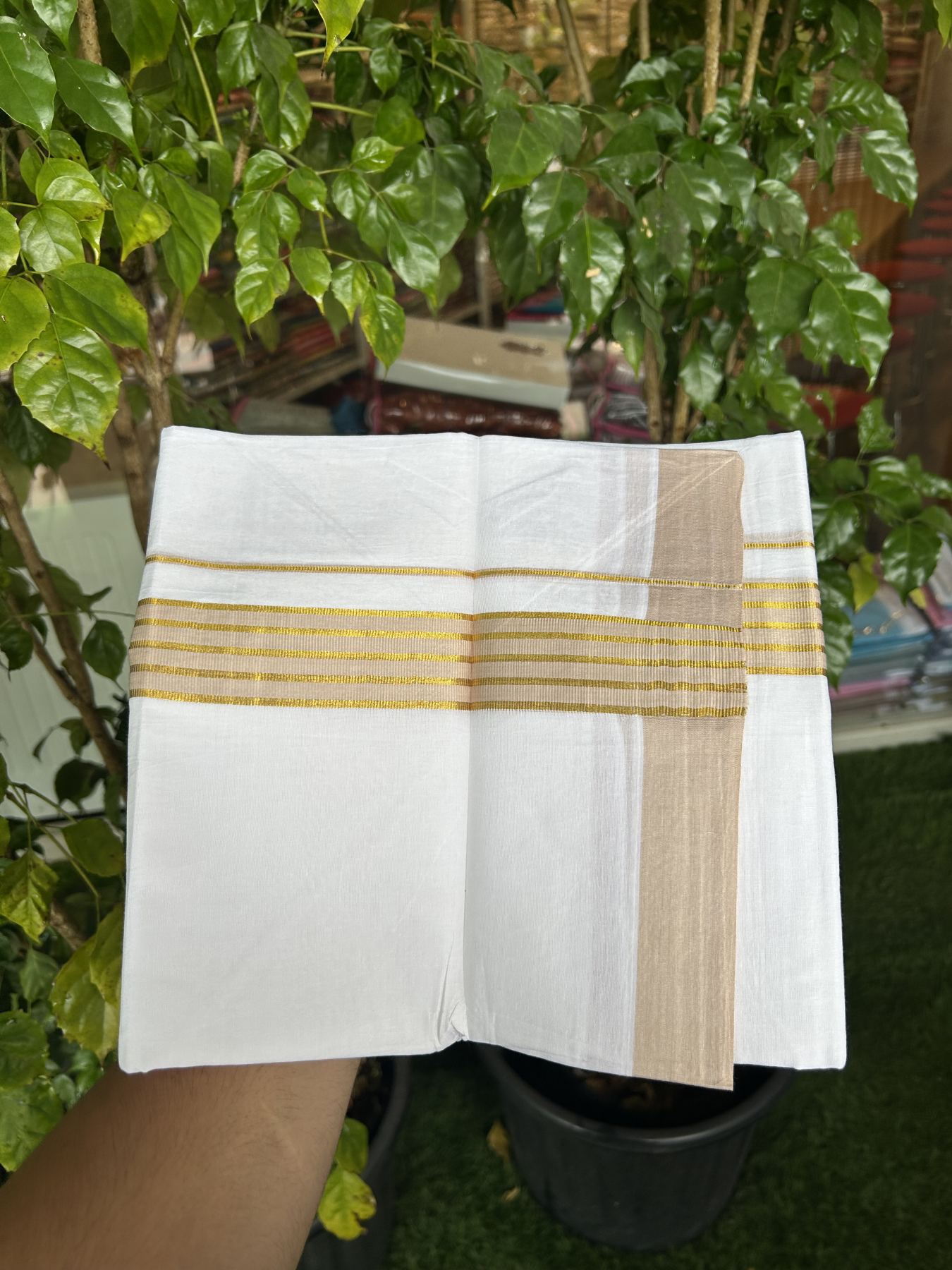 20% Discount! KaithariKada Balaramapuram 100% Cotton Double Pure white Mundu/Dhoti- 100x80 - 1.25 inch Gold Kasav & Cream Stripes kara 3.75 mtr ( 8 muzham) - 10 KK5315 VAS