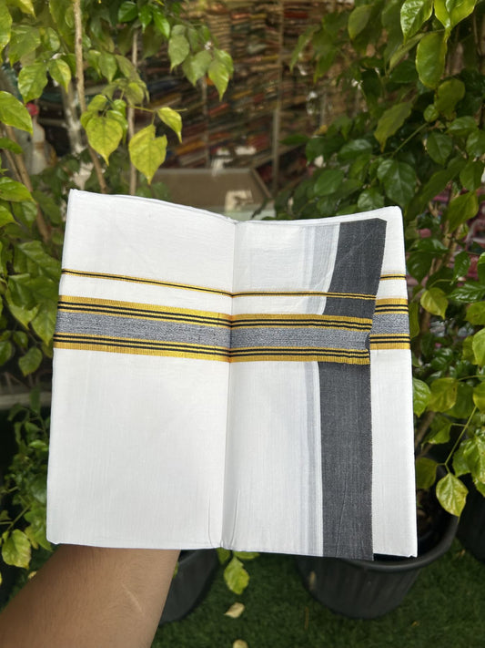 20% Discount! KaithariKada Balaramapuram 100% Cotton Double Pure white Mundu/Dhoti- 100x80 - 1.25 inch Gold Kasav & Black Stripes kara 3.75 mtr ( 8 muzham) - 36 KK5315 VAS