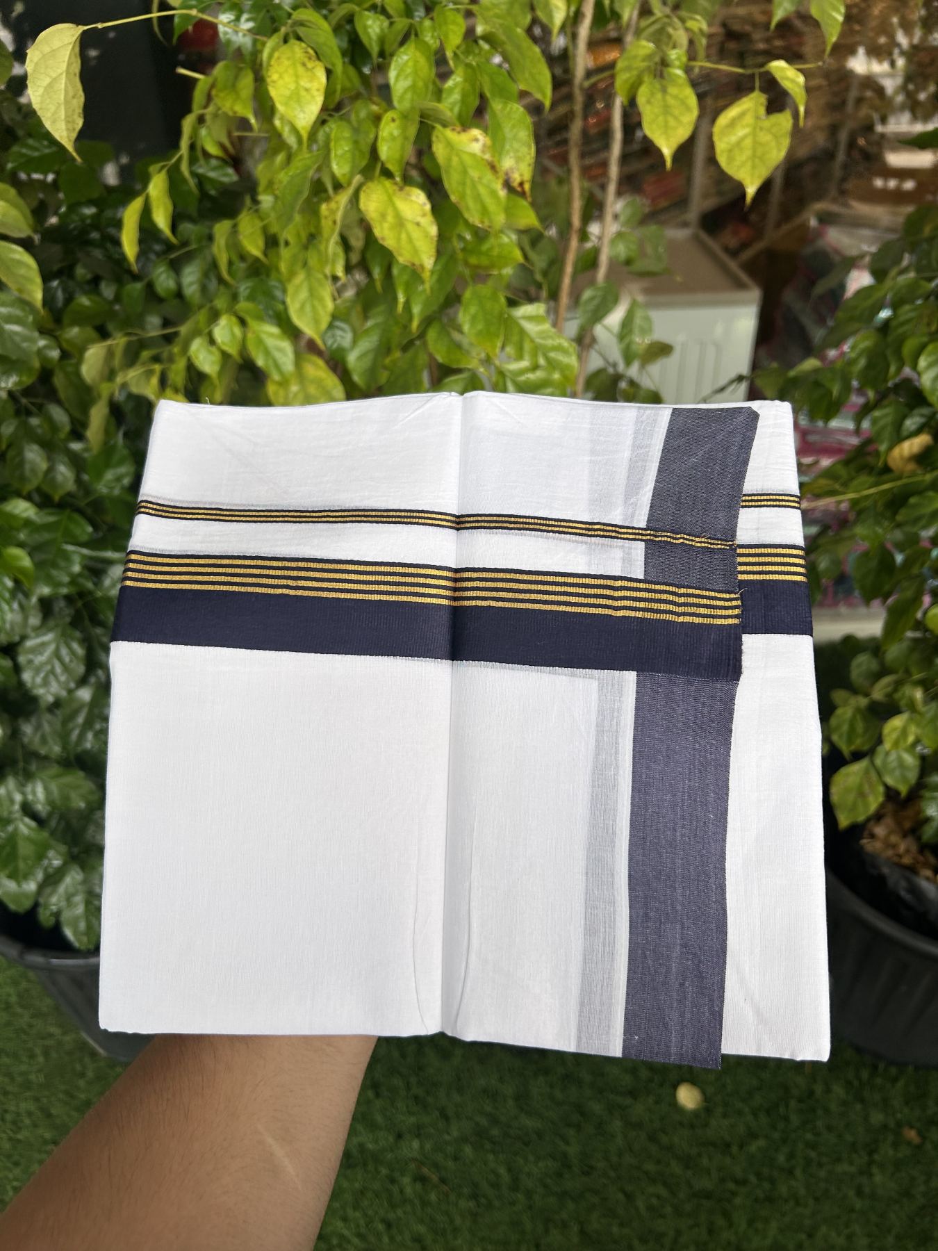 20% Discount! KaithariKada Balaramapuram 100% Cotton Double Pure white Mundu/Dhoti- 100x80 - 1.25 inch Gold Kasav & Navy Blue Stripes kara 3.75 mtr ( 8 muzham) - 35 KK5315 VAS