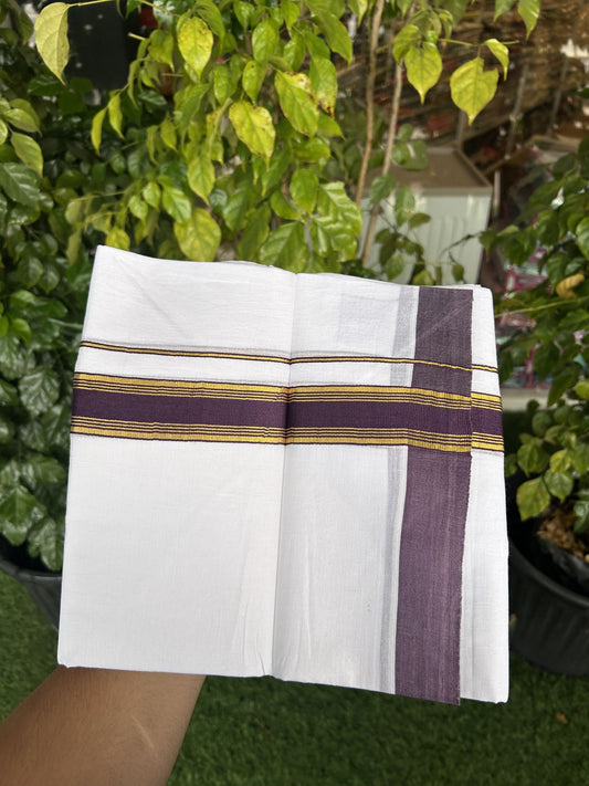 20% Discount! KaithariKada Balaramapuram 100% Cotton Double Pure white Mundu/Dhoti- 100x80 - 1.25 inch Gold Kasav & Deep Purple Stripes kara 3.75 mtr (8 muzham) - 40 KK5315 VAS
