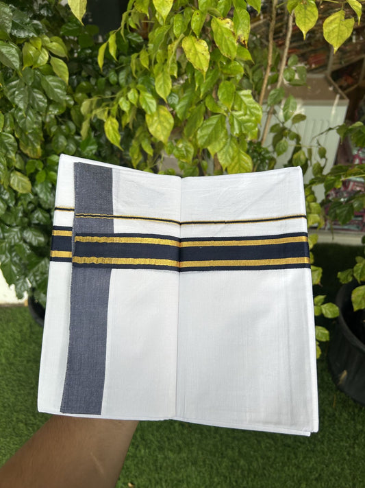 20% Discount! KaithariKada Balaramapuram 100% Cotton Double Pure white Mundu/Dhoti- 100x80 - 1.5 inch Gold Kasav & Navy Blue Stripes kara 3.75 mtr (8 muzham) - 46 KK5315 VAS