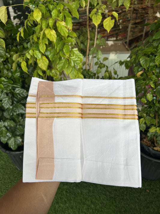 20% Discount! KaithariKada Balaramapuram 100% Cotton Double Pure white Mundu/Dhoti- 100x80 - 1.25 inch Gold Kasav & Pestel Peach kara 3.75 mtr ( 8 muzham) - 9 KK5315 VAS