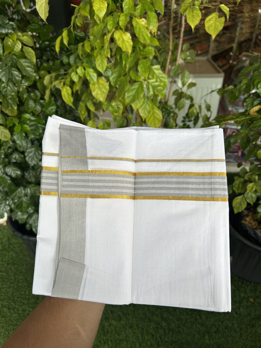 20% Discount! KaithariKada Balaramapuram 100% Cotton Double Pure white Mundu/Dhoti- 100x80 - 1.5 inch Gold Kasav & Grey Stripes kara 3.75 mtr (8 muzham) - 44 KK5315 VAS