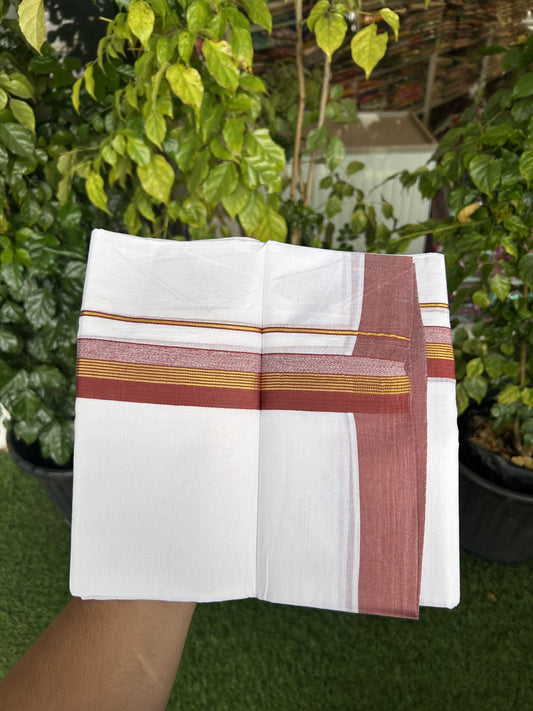 20% Discount! KaithariKada Balaramapuram 100% Cotton Double Pure white Mundu/Dhoti- 100x80 - 1.5 inch Gold Kasav & Pestel Maroon Stripes kara 3.75 mtr (8 muzham) - 41 KK5315 VAS