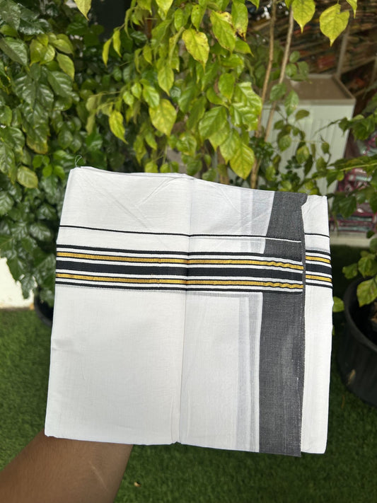 20% Discount! KaithariKada Balaramapuram 100% Cotton Double Pure white Mundu/Dhoti- 100x80 - 1.25 inch Gold Kasav & Black Stripes kara 3.75 mtr ( 8 muzham) - 37 KK5315 VAS