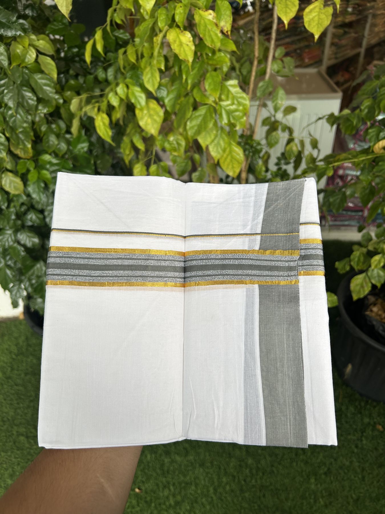 20% Discount! KaithariKada Balaramapuram 100% Cotton Double Pure white Mundu/Dhoti- 100x80 - 1.25 inch Gold Kasav & Grey Green Stripes kara 3.75 mtr ( 8 muzham) - 11 KK5315 VAS