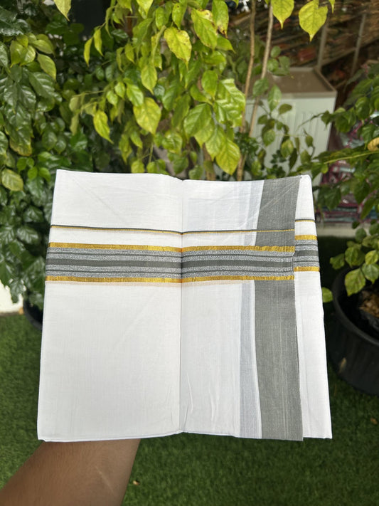 20% Discount! KaithariKada Balaramapuram 100% Cotton Double Pure white Mundu/Dhoti- 100x80 - 1.25 inch Gold Kasav & Grey Green Stripes kara 3.75 mtr ( 8 muzham) - 11 KK5315 VAS