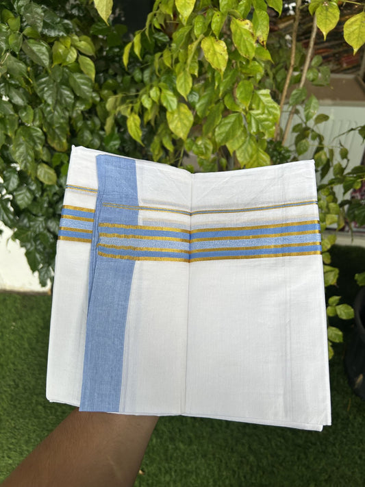 20% Discount! KaithariKada Balaramapuram 100% Cotton Double Pure white Mundu/Dhoti- 100x80 - 1.25 inch Gold Kasav & Sky Blue kara 3.75 mtr ( 8 muzham) - 8 KK5315 VAS