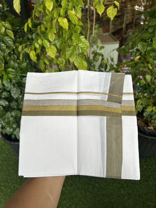 20% Discount! KaithariKada Balaramapuram 100% Cotton Double Pure white Mundu/Dhoti- 100x80 - 1.5 inch Gold Kasav & Olive Green Stripes kara 3.75 mtr (8 muzham) - 43 KK5315 VAS