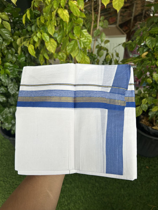 20% Discount! KaithariKada Balaramapuram 100% Cotton Double Pure white Mundu/Dhoti- 100x80 - 1.5 inch Gold Kasav & Blue Stripes kara 3.75 mtr (8 muzham) - 45 KK5315 VAS