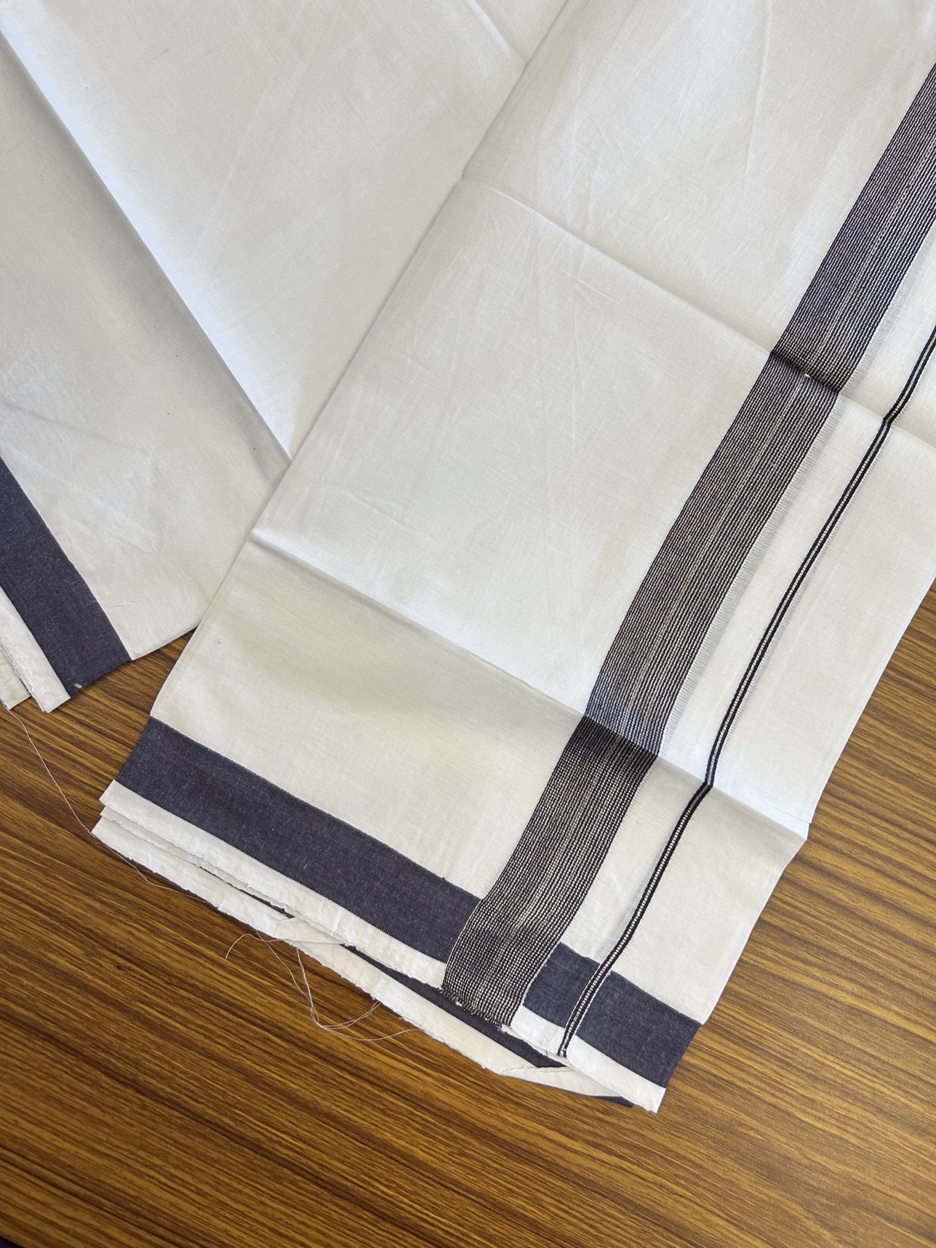 23% Discount! KaithariKada Balaramapuram 100% Cotton Single Pure White Mundu/Dhoti - 30X70 - 1.25 inch Navy Blue silver striped kara 1.90 mtr (4 muzham) - 9 KK5312 PMC