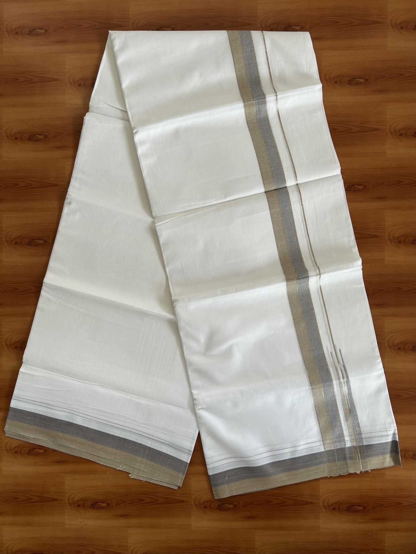 20% Discount! KaithariKada Balaramapuram 100% Cotton Double Pure white Mundu/Dhoti- 100X80 - 1.25 inch Puliyilakkara Silver Kasav Greyish Blue & Light Brown  Chutty Kara 3.80 mtr ( 8 muzham) - 15 KK5382 VIN