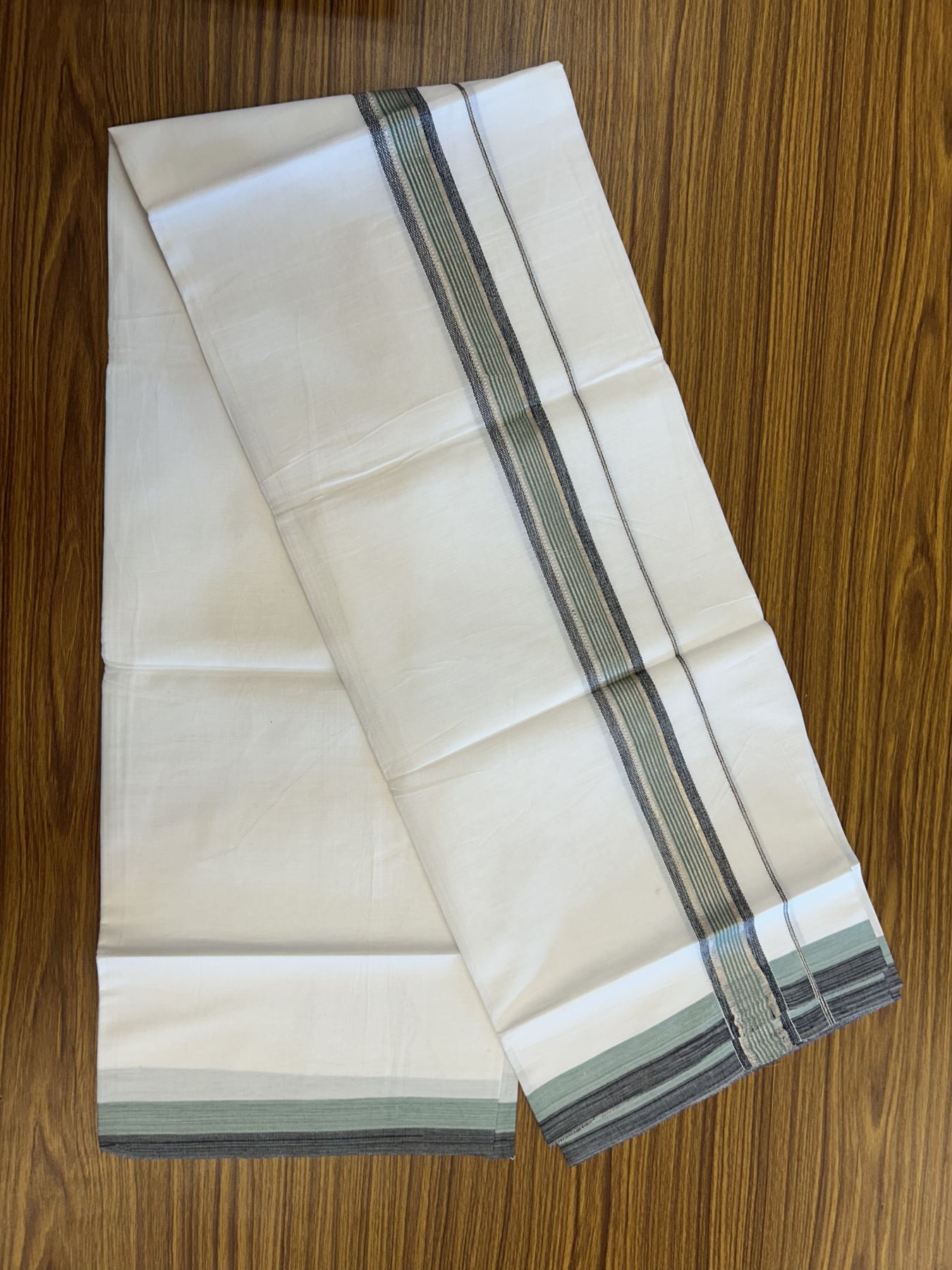 23% Discount! KaithariKada Balaramapuram 100% Cotton Single Pure White Mundu/Dhoti - 30X70 - 1.25 inch Silver Kasav Teal Stripes Black shaded kara 1.90 mtr (4 muzham) - 10 KK5312 PMC