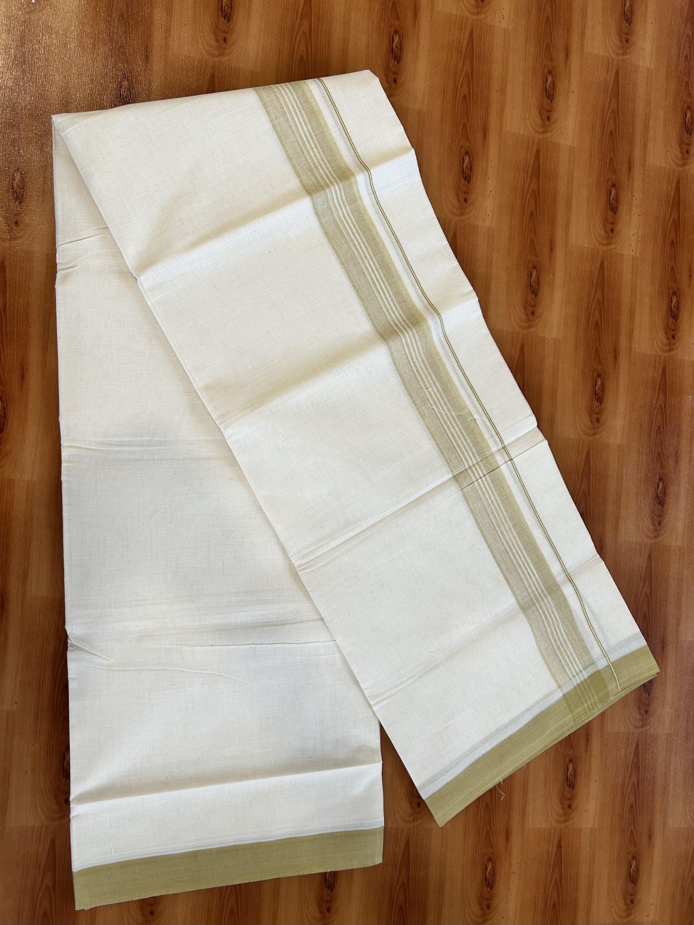 Double Off White (Unbleached) Mundu/Dhoti - 20% Discount! KaithariKada Pure Cotton - 60s - 1.5 inch Sand Brown Shaded Striped Kara 4 mtr (8.5 Muzham) - 92 KK5460 PMC