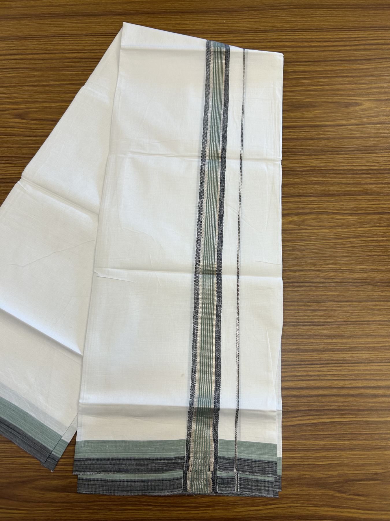 23% Discount! KaithariKada Balaramapuram 100% Cotton Single Pure White Mundu/Dhoti - 30X70 - 1.25 inch Silver Kasav Teal Stripes Black shaded kara 1.90 mtr (4 muzham) - 10 KK5312 PMC