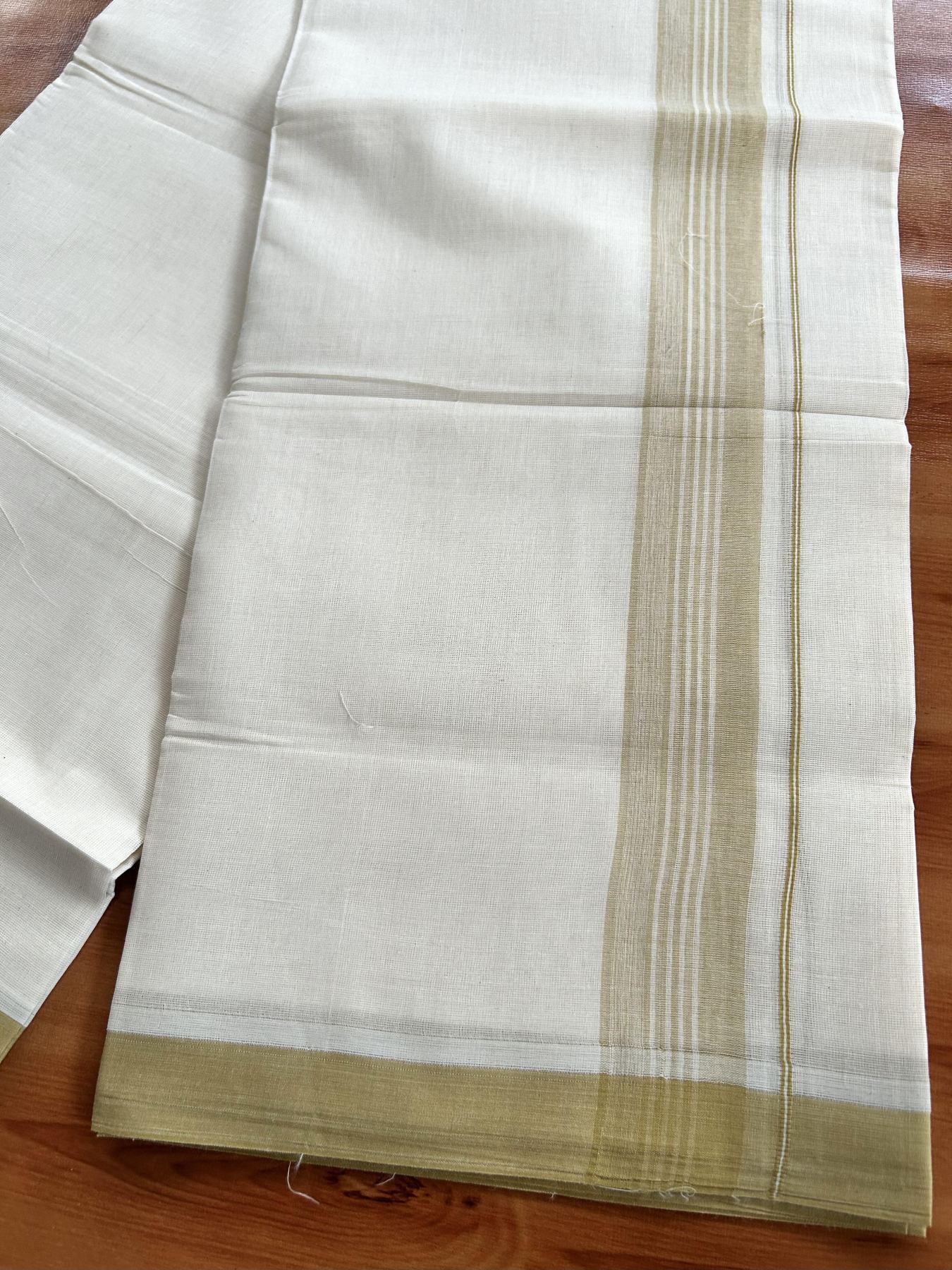 Double Off White (Unbleached) Mundu/Dhoti - 20% Discount! KaithariKada Pure Cotton - 60s - 1.5 inch Sand Brown Shaded Striped Kara 4 mtr (8.5 Muzham) - 92 KK5460 PMC