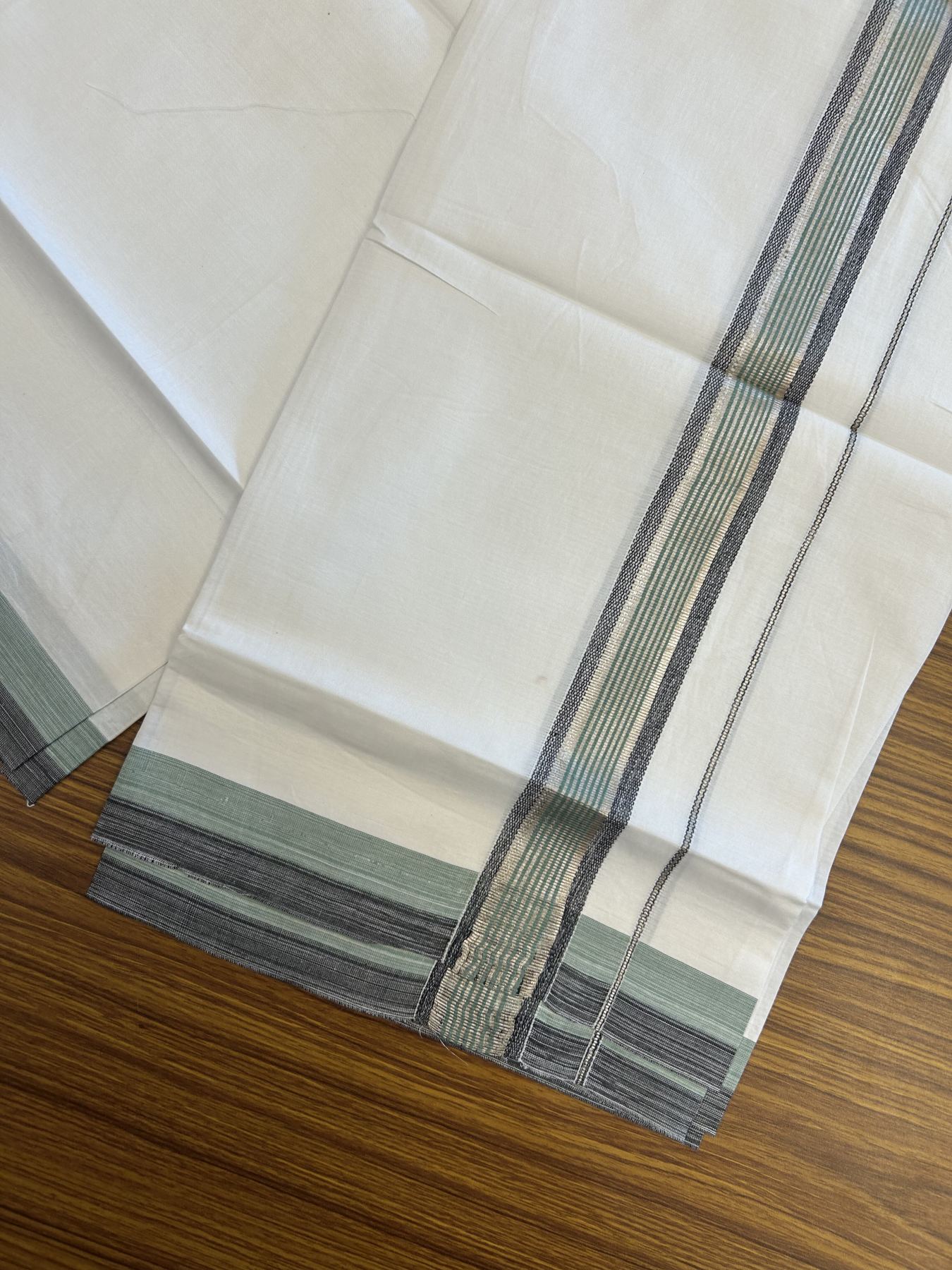 23% Discount! KaithariKada Balaramapuram 100% Cotton Single Pure White Mundu/Dhoti - 30X70 - 1.25 inch Silver Kasav Teal Stripes Black shaded kara 1.90 mtr (4 muzham) - 10 KK5312 PMC