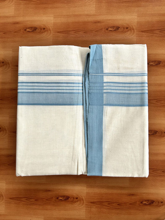 Double Off White (Unbleached) Mundu/Dhoti - 20% Discount! KaithariKada Pure Cotton - 60s - 2 inch Blue Shaded Striped Kara 4 mtr (8.5 Muzham) - 89 KK5460 PMC