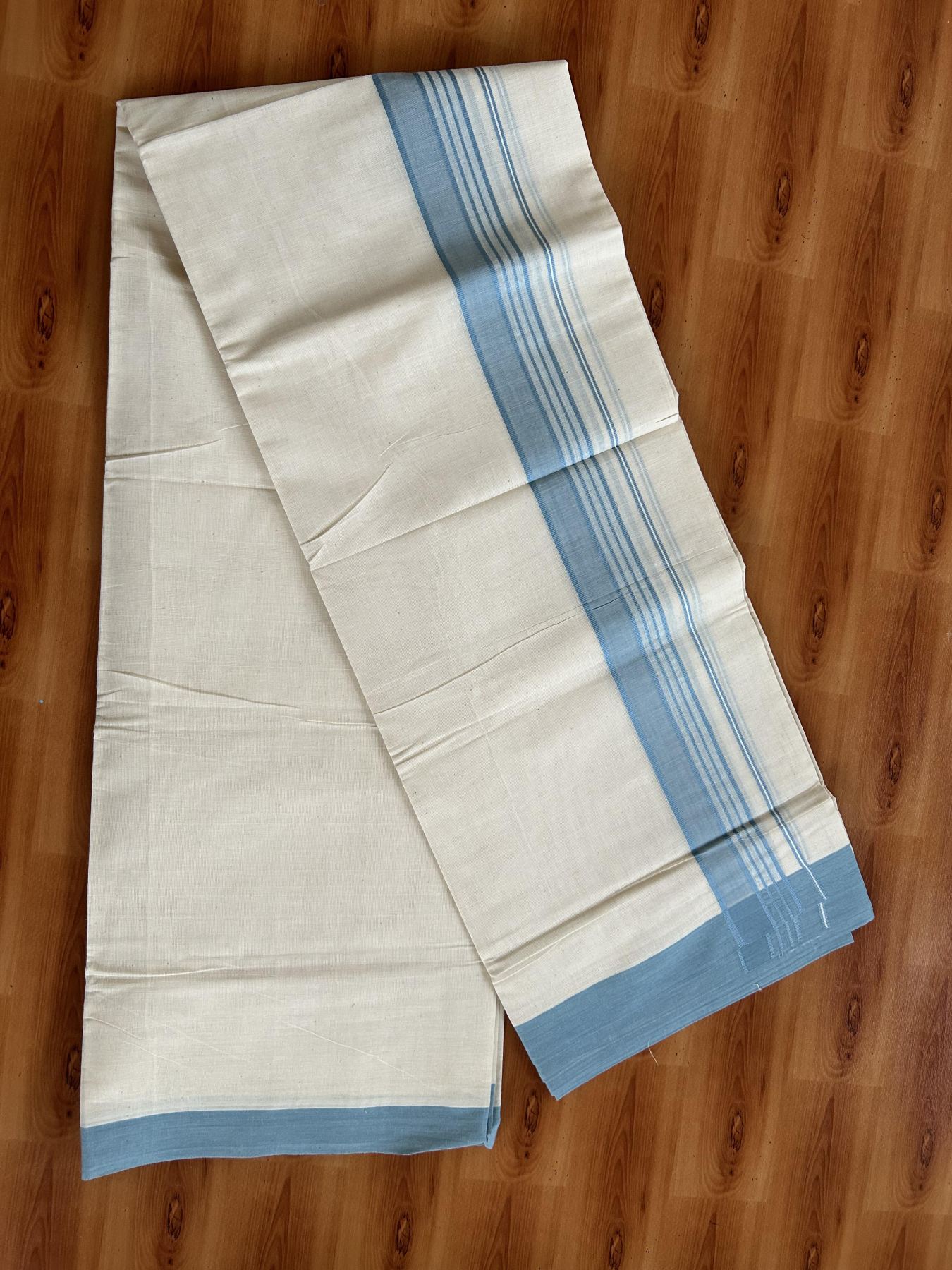Double Off White (Unbleached) Mundu/Dhoti - 20% Discount! KaithariKada Pure Cotton - 60s - 2 inch Blue Shaded Striped Kara 4 mtr (8.5 Muzham) - 89 KK5460 PMC