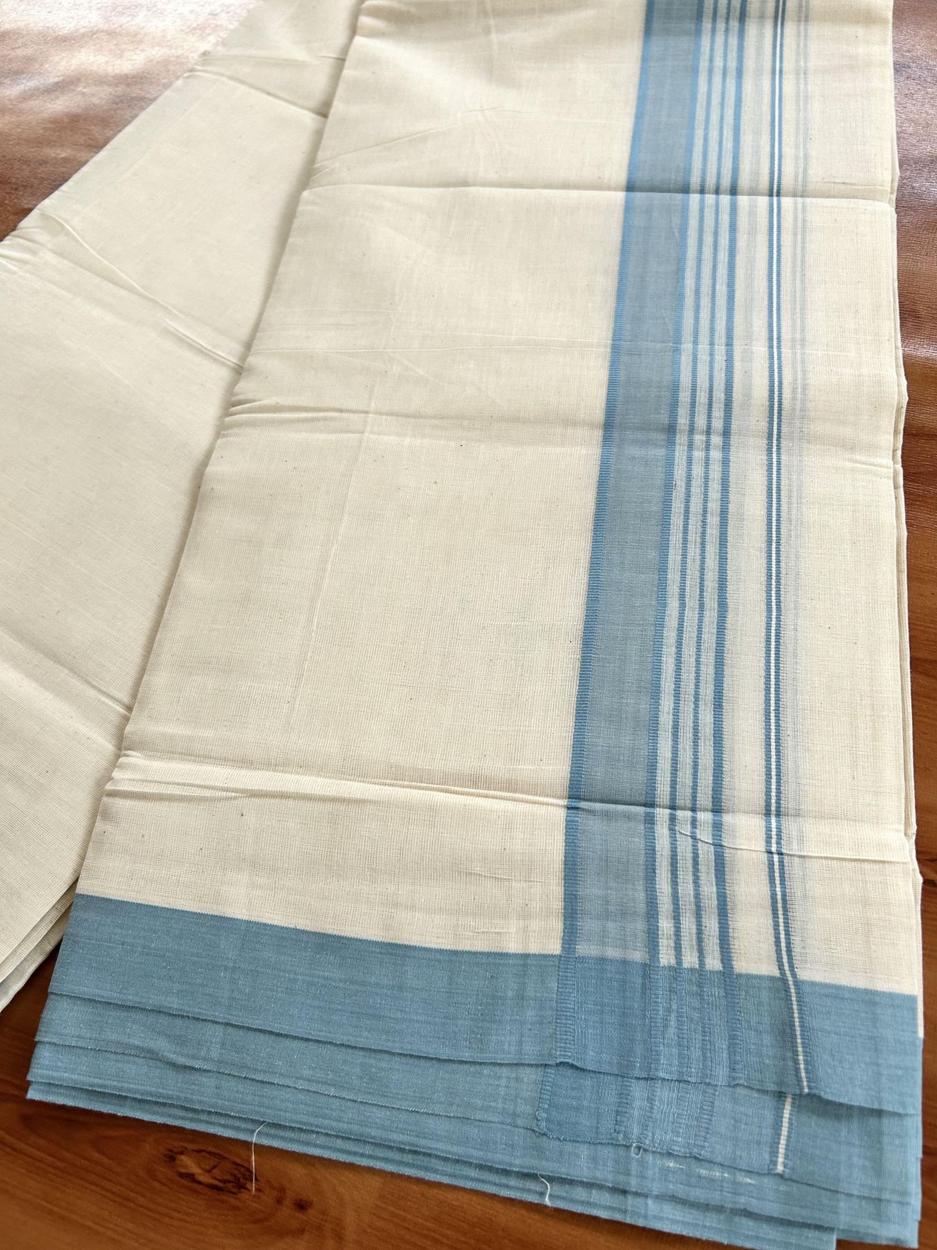 Double Off White (Unbleached) Mundu/Dhoti - 20% Discount! KaithariKada Pure Cotton - 60s - 2 inch Blue Shaded Striped Kara 4 mtr (8.5 Muzham) - 89 KK5460 PMC