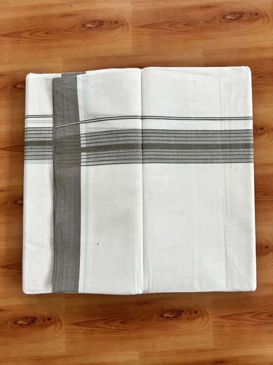 Double Off White (Unbleached) Mundu/Dhoti - 20% Discount! KaithariKada Pure Cotton - 60s - 1.5 inch Dark Sage Green Shaded Striped Kara 4 mtr (8.5 Muzham) - 91 KK5460 PMC