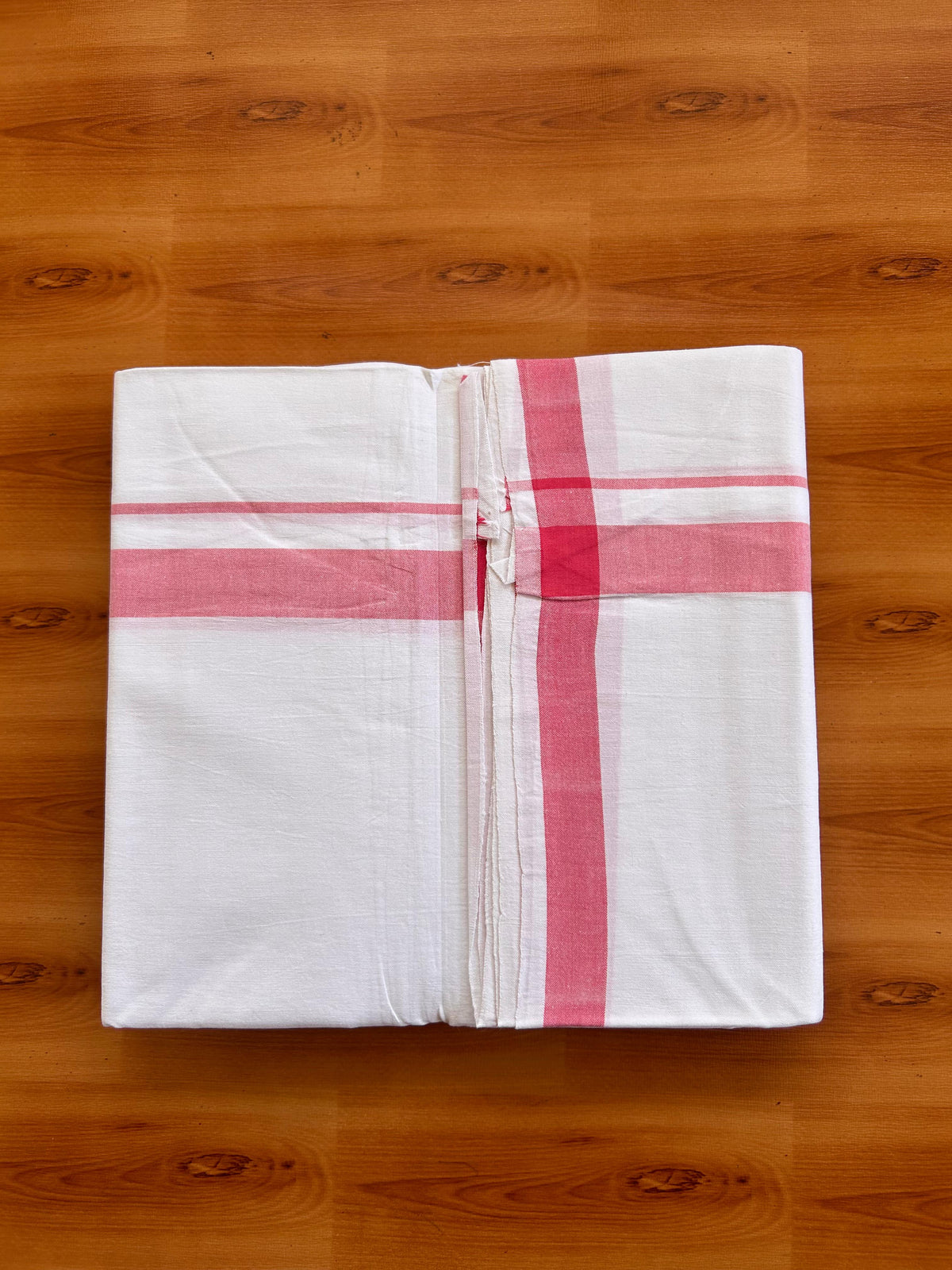 Pure White 25% Discount!! KaithariKada Pulimood 100% Cotton Kerala Handloom Single Mundu/Dhoti -  1 inch Pinkish Red Kara (2 meter / 4 muzham) - 7 KK5530 ASH