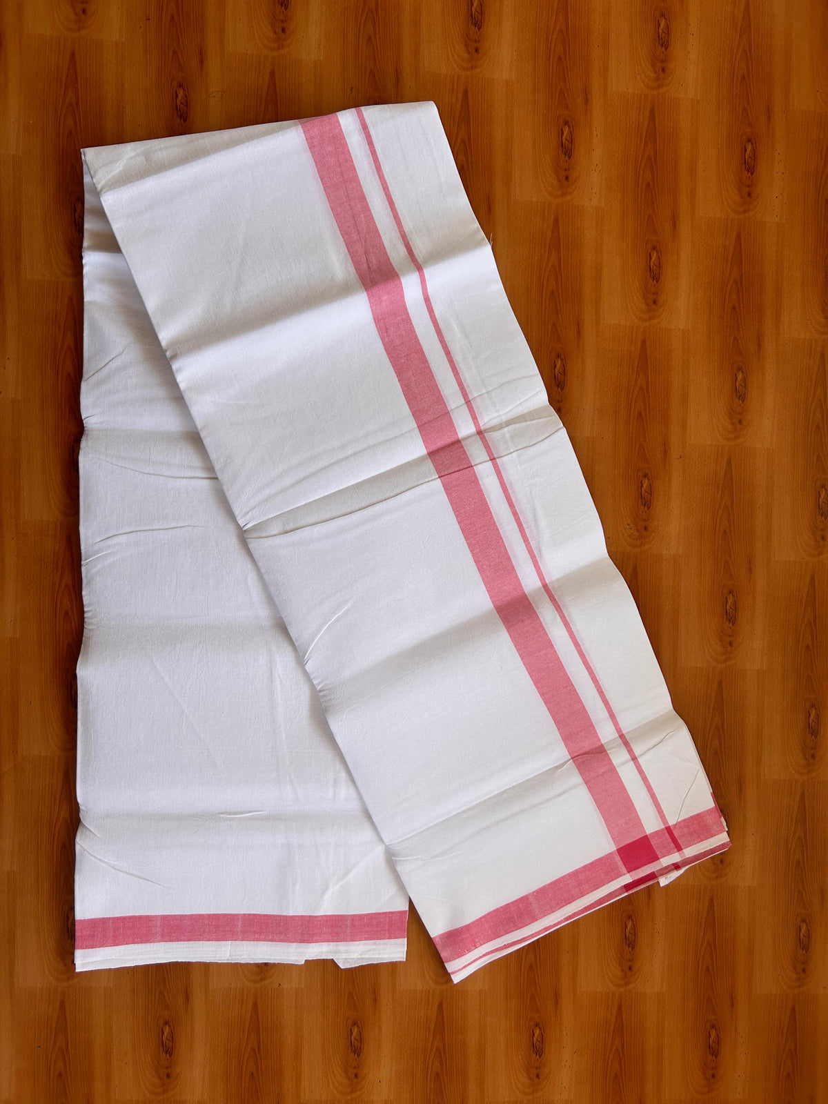 Pure White 25% Discount!! KaithariKada Pulimood 100% Cotton Kerala Handloom Single Mundu/Dhoti -  1 inch Pinkish Red Kara (2 meter / 4 muzham) - 7 KK5530 ASH