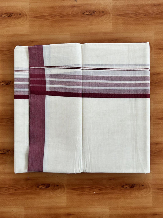 Double Off White (Unbleached) Mundu/Dhoti - 20% Discount! KaithariKada Pure Cotton - 60s - 1.75 inch Maroon Shaded Striped Kara 4 mtr (8.5 Muzham) - 90 KK5460 PMC
