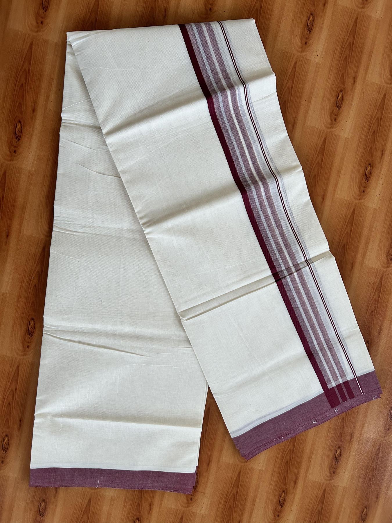 Double Off White (Unbleached) Mundu/Dhoti - 20% Discount! KaithariKada Pure Cotton - 60s - 1.75 inch Maroon Shaded Striped Kara 4 mtr (8.5 Muzham) - 90 KK5460 PMC