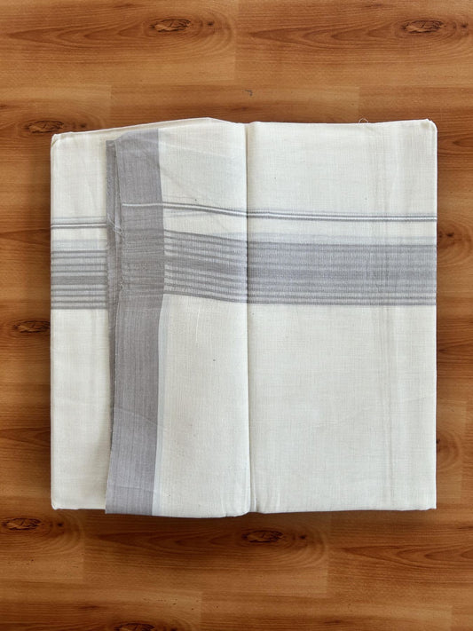 Double Off White (Unbleached) Mundu/Dhoti - 20% Discount! KaithariKada Pure Cotton - 60s - 1.5 inch Ash Grey Shaded Striped Kara 4 mtr (8.5 Muzham) - 82 KK5460 PMC