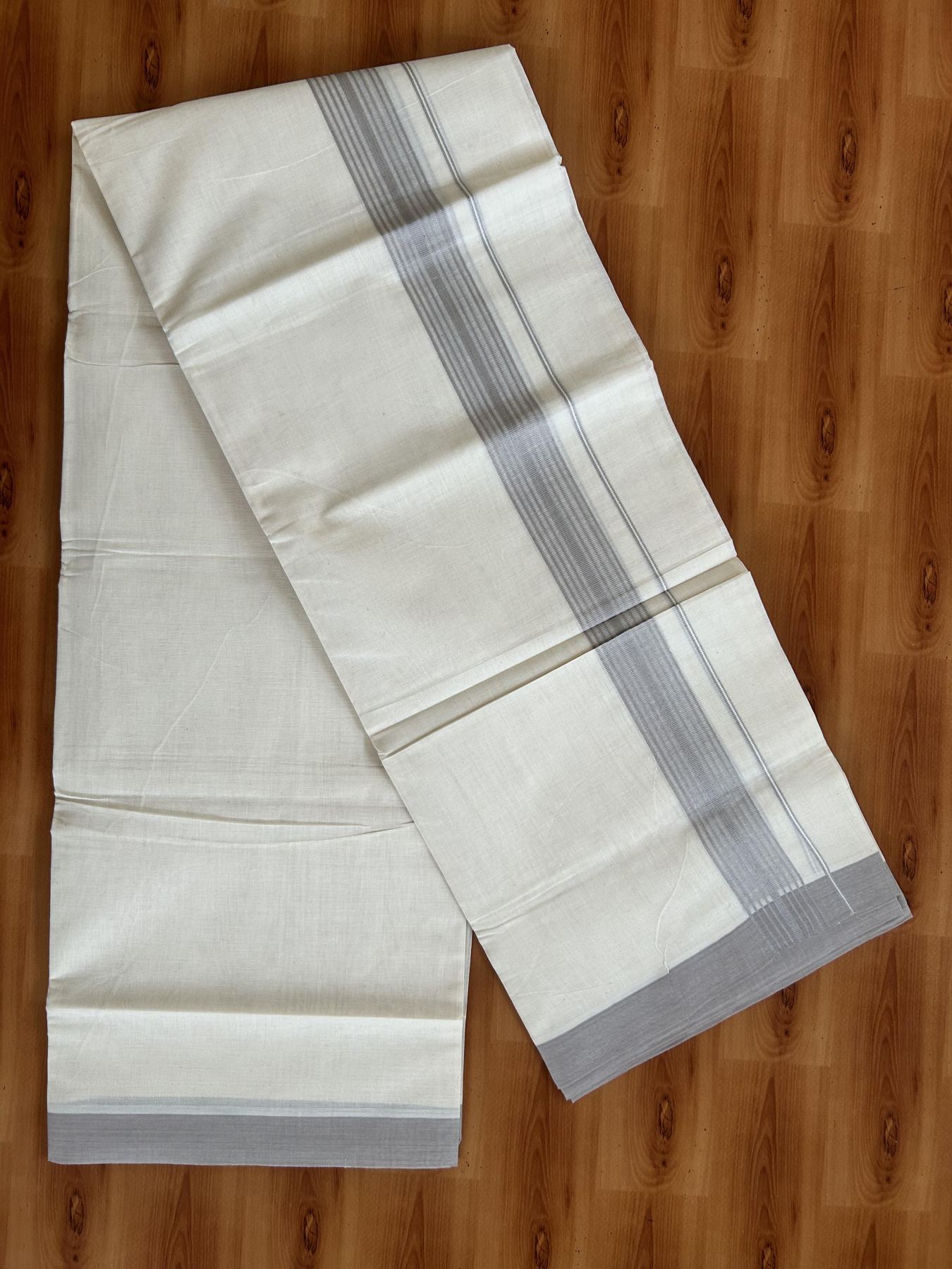 Double Off White (Unbleached) Mundu/Dhoti - 20% Discount! KaithariKada Pure Cotton - 60s - 1.5 inch Ash Grey Shaded Striped Kara 4 mtr (8.5 Muzham) - 82 KK5460 PMC