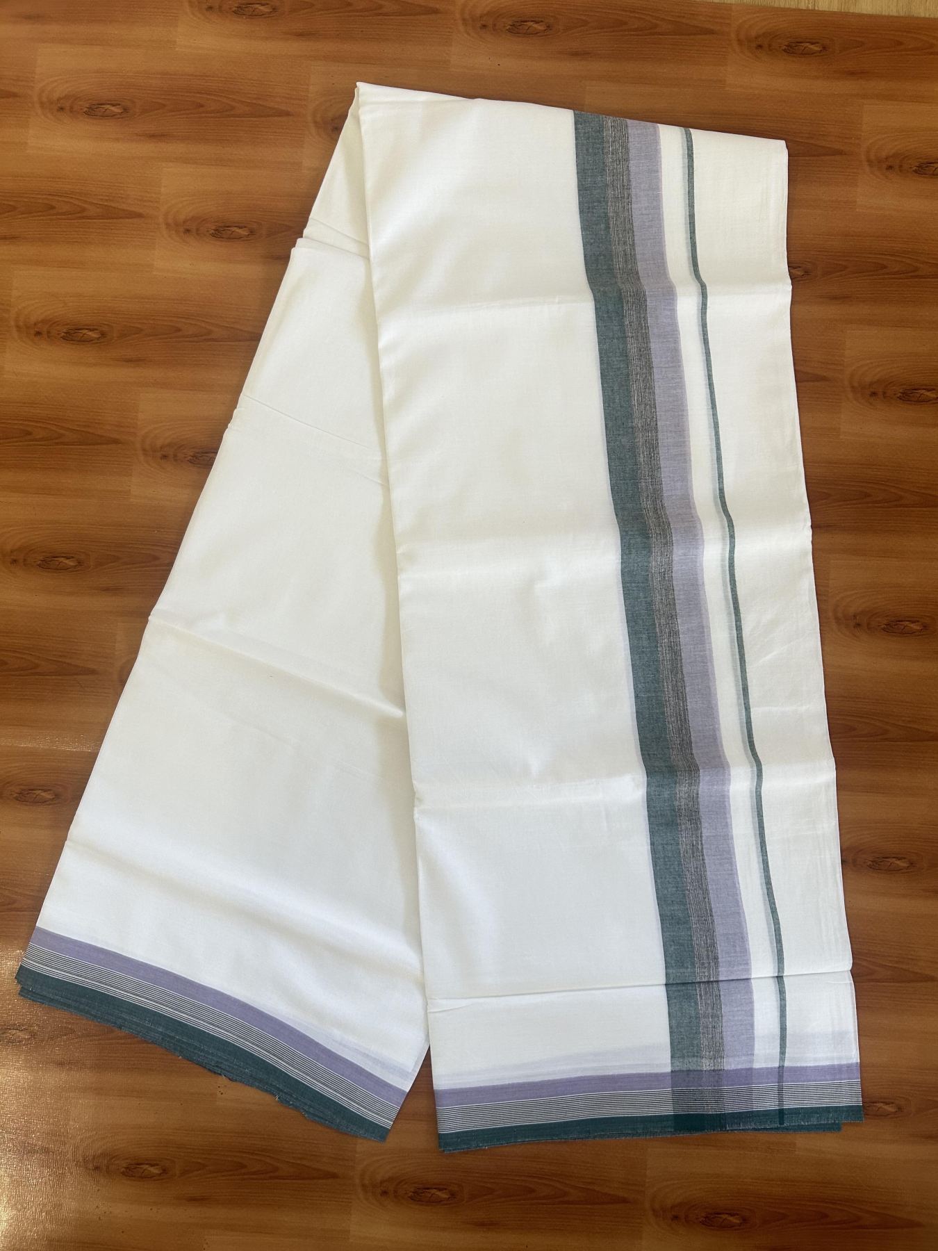 20% Discount ! Kaitharikada Balaramapuram 100% Pure Cotton Double Pure White Mundu/Dhoti - 100x80 - 1.75 inch Lavender, Black & Green Shaded Kara 3.80 mtr (8 muzham) - 20 KK5382 VIN