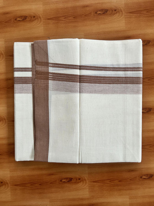 Double Off White (Unbleached) Mundu/Dhoti - 20% Discount! KaithariKada Pure Cotton - 60s - 1.5 inch Walnut Brown Shaded Striped Kara 4 mtr (8.5 Muzham) - 87 KK5460 PMC