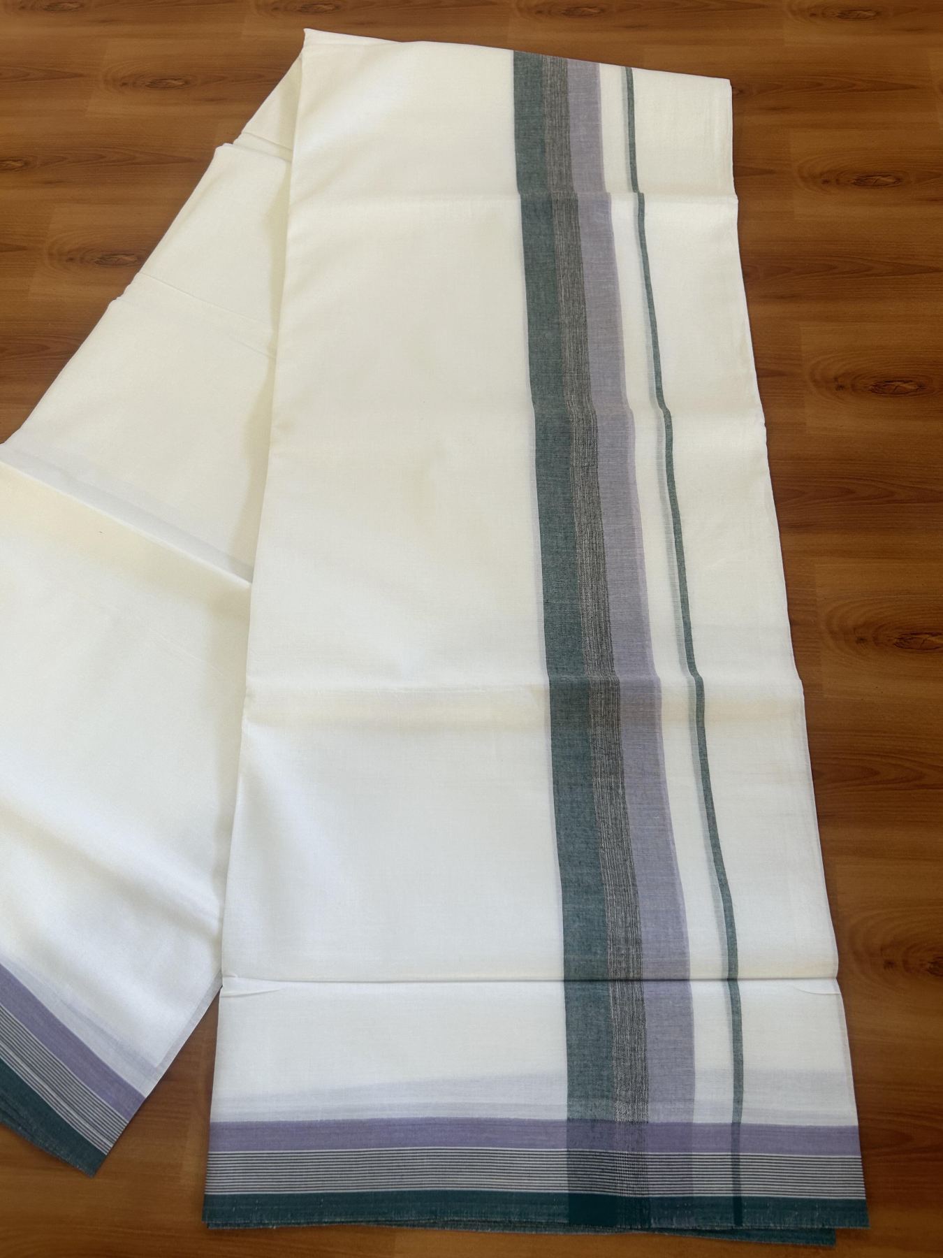 20% Discount ! Kaitharikada Balaramapuram 100% Pure Cotton Double Pure White Mundu/Dhoti - 100x80 - 1.75 inch Lavender, Black & Green Shaded Kara 3.80 mtr (8 muzham) - 20 KK5382 VIN