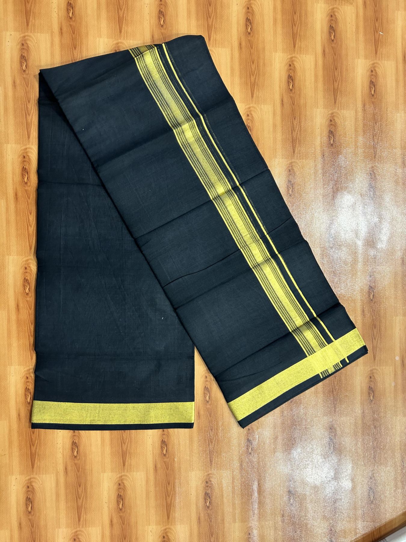 Double (Unbleached) Mundu/Dhoti - 20% Discount !! KaithariKada 100% Pure Cotton - 100x80 - Black Colour Body - 1.5 inch Gold Kasav Striped Kara 4 mtr (8.5 muzham) - 56 KK5456 THI