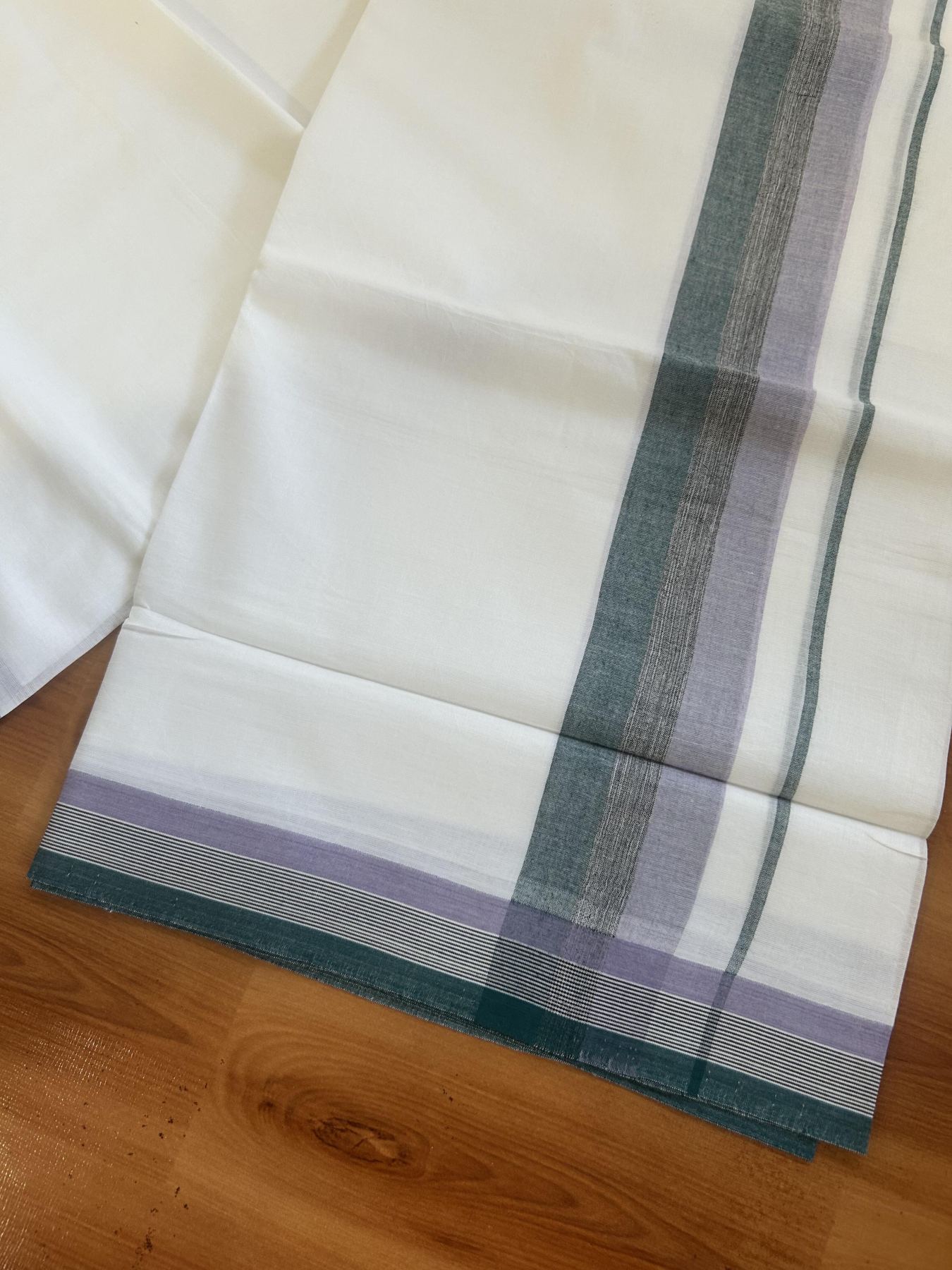 20% Discount ! Kaitharikada Balaramapuram 100% Pure Cotton Double Pure White Mundu/Dhoti - 100x80 - 1.75 inch Lavender, Black & Green Shaded Kara 3.80 mtr (8 muzham) - 20 KK5382 VIN
