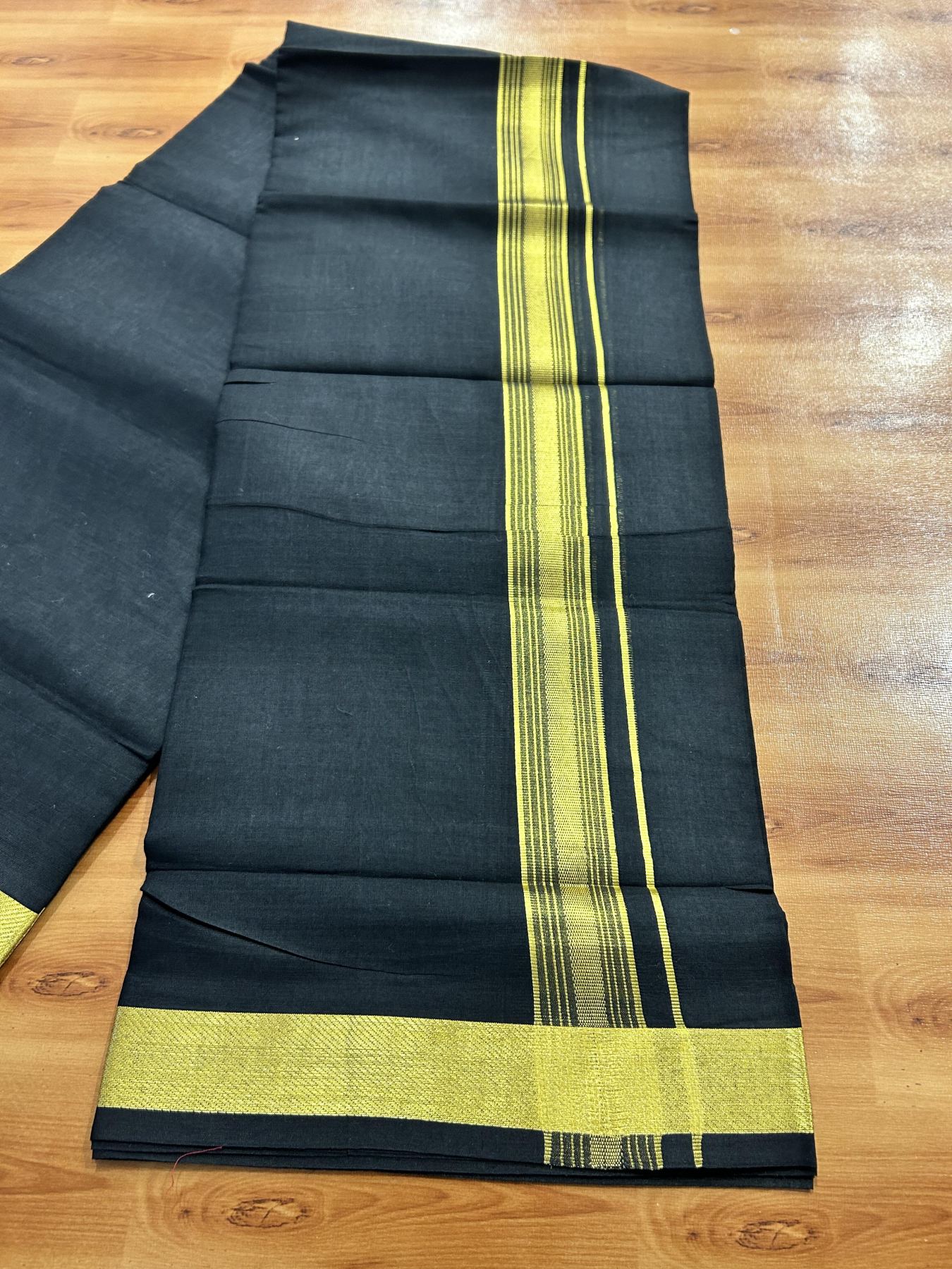 Double (Unbleached) Mundu/Dhoti - 20% Discount !! KaithariKada 100% Pure Cotton - 100x80 - Black Colour Body - 1.5 inch Gold Kasav Striped Kara 4 mtr (8.5 muzham) - 56 KK5456 THI