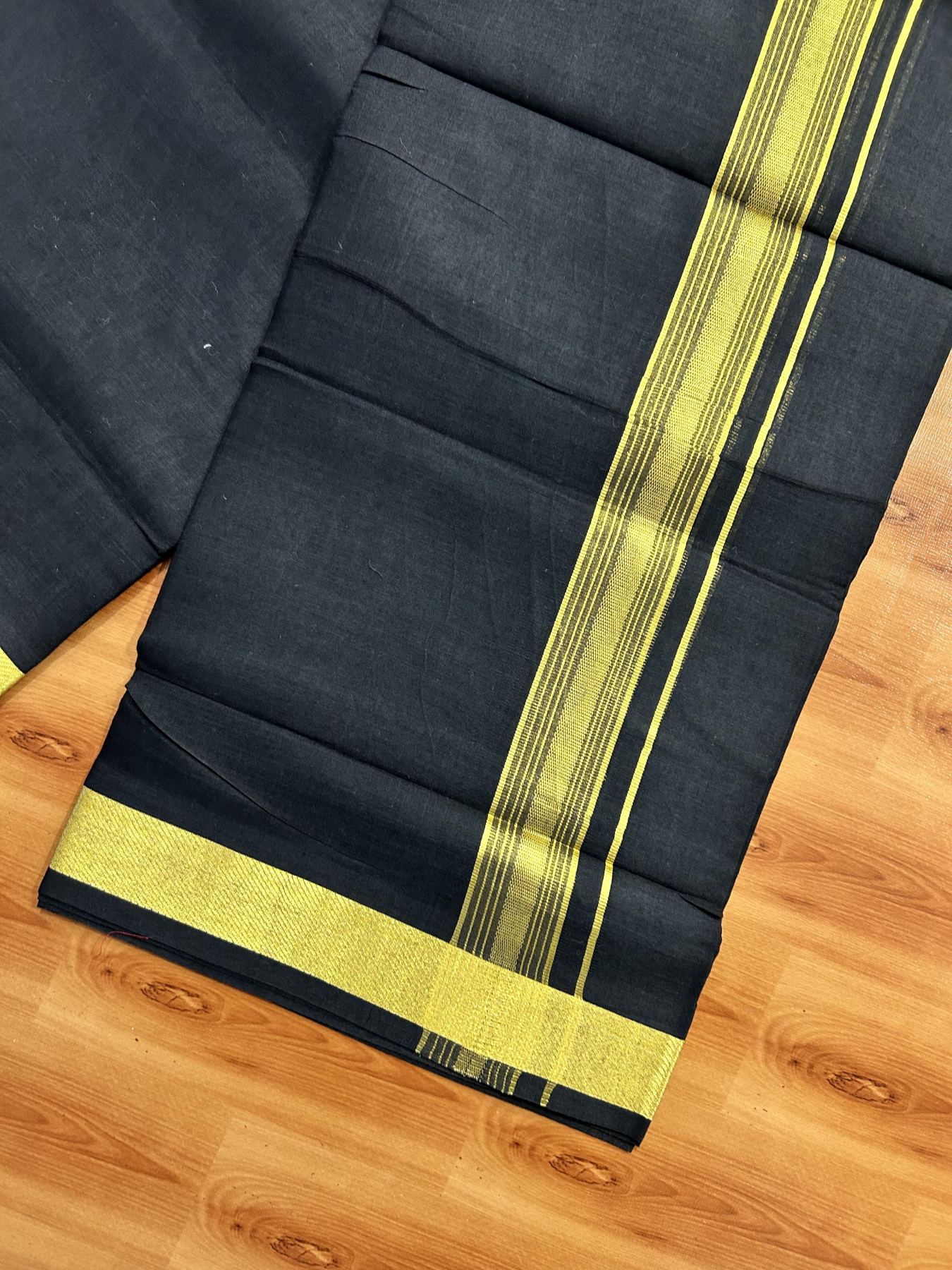 Double (Unbleached) Mundu/Dhoti - 20% Discount !! KaithariKada 100% Pure Cotton - 100x80 - Black Colour Body - 1.5 inch Gold Kasav Striped Kara 4 mtr (8.5 muzham) - 56 KK5456 THI