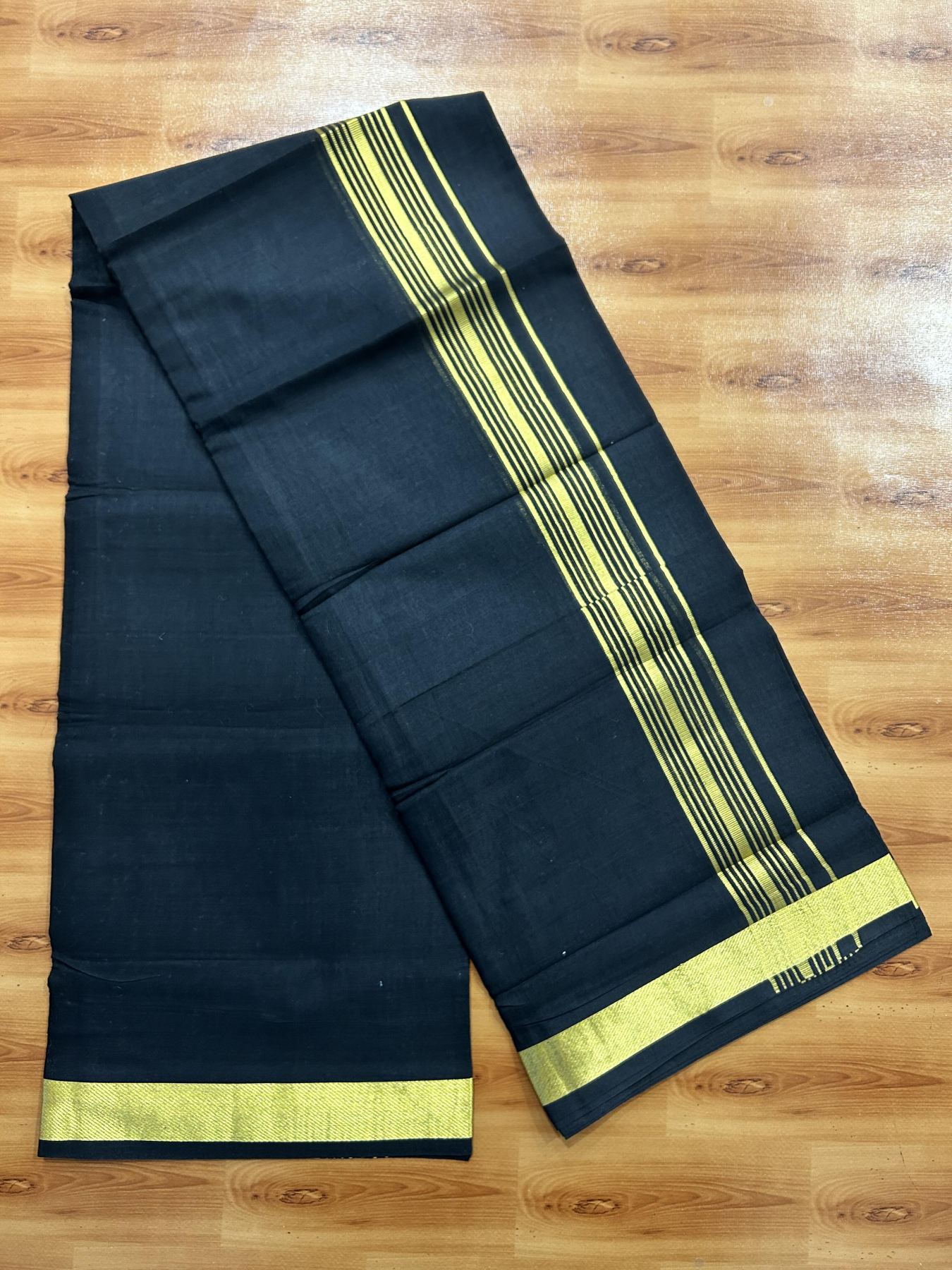 Double (Unbleached) Mundu/Dhoti - 20% Discount !! KaithariKada 100% Pure Cotton - 100x80 - Black Colour Body - 1.5 inch Gold Kasav Striped Kara 4 mtr (8.5 muzham) - 55 KK5456 THI