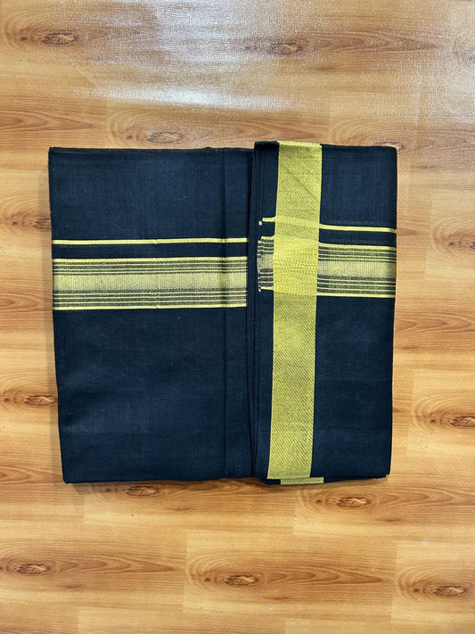 Double (Unbleached) Mundu/Dhoti - 20% Discount !! KaithariKada 100% Pure Cotton - 100x80 - Black Colour Body - 1.5 inch Gold Kasav Striped Kara 4 mtr (8.5 muzham) - 56 KK5456 THI