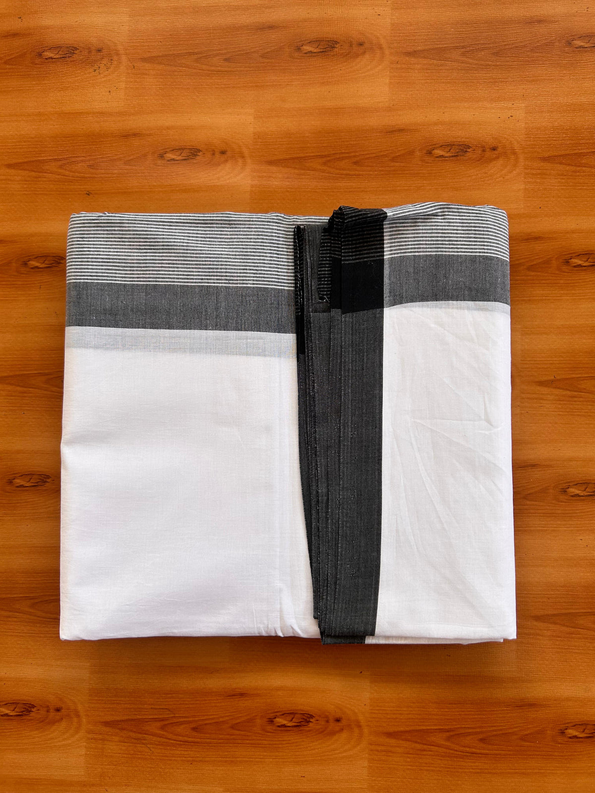 Pure White Double Mundu/Dhoti - 20% Discount! KaithariKada Pulimood - 100% Cotton - 100x100 - 5 inch Black Striped Kara 4 mtr (8.5 muzham) - 8 KK5530 ASH