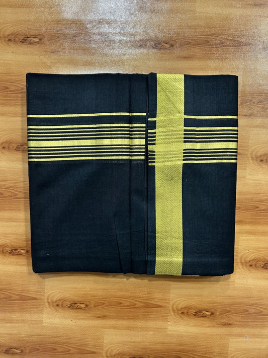 Double (Unbleached) Mundu/Dhoti - 20% Discount !! KaithariKada 100% Pure Cotton - 100x80 - Black Colour Body - 1.5 inch Gold Kasav Striped Kara 4 mtr (8.5 muzham) - 55 KK5456 THI