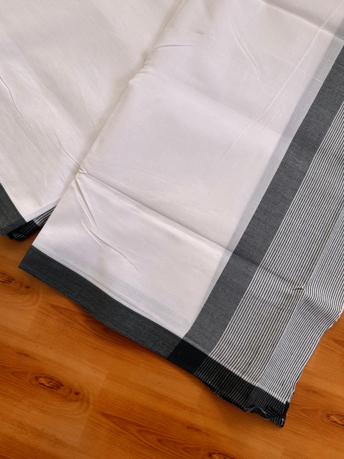 Pure White Double Mundu/Dhoti - 20% Discount! KaithariKada Pulimood - 100% Cotton - 100x100 - 5 inch Black Striped Kara 4 mtr (8.5 muzham) - 8 KK5530 ASH