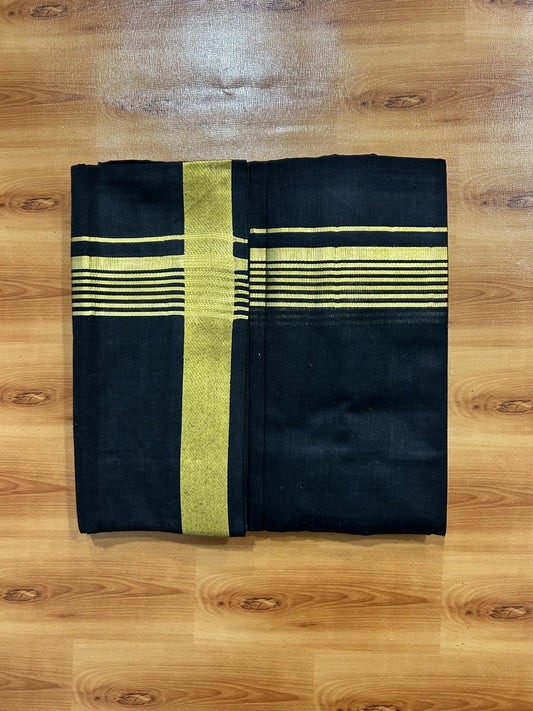 Double (Unbleached) Mundu/Dhoti - 20% Discount !! KaithariKada 100% Pure Cotton - 100x80 - Black Colour Body - 1.5 inch Gold Kasav Striped Kara 4 mtr (8.5 muzham) - 54 KK5456 THI