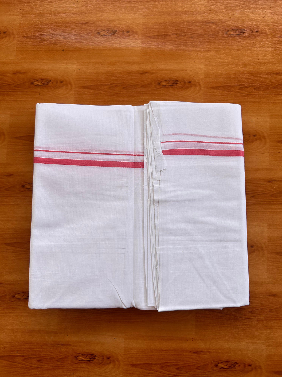 Pure White Double Mundu/Dhoti - 20% Discount! KaithariKada Pulimood - 100% Cotton - 100x100 - 0.5 inch Rose Pink Thin Kara 4 mtr (8.5 muzham) - 9 KK5530 ASH