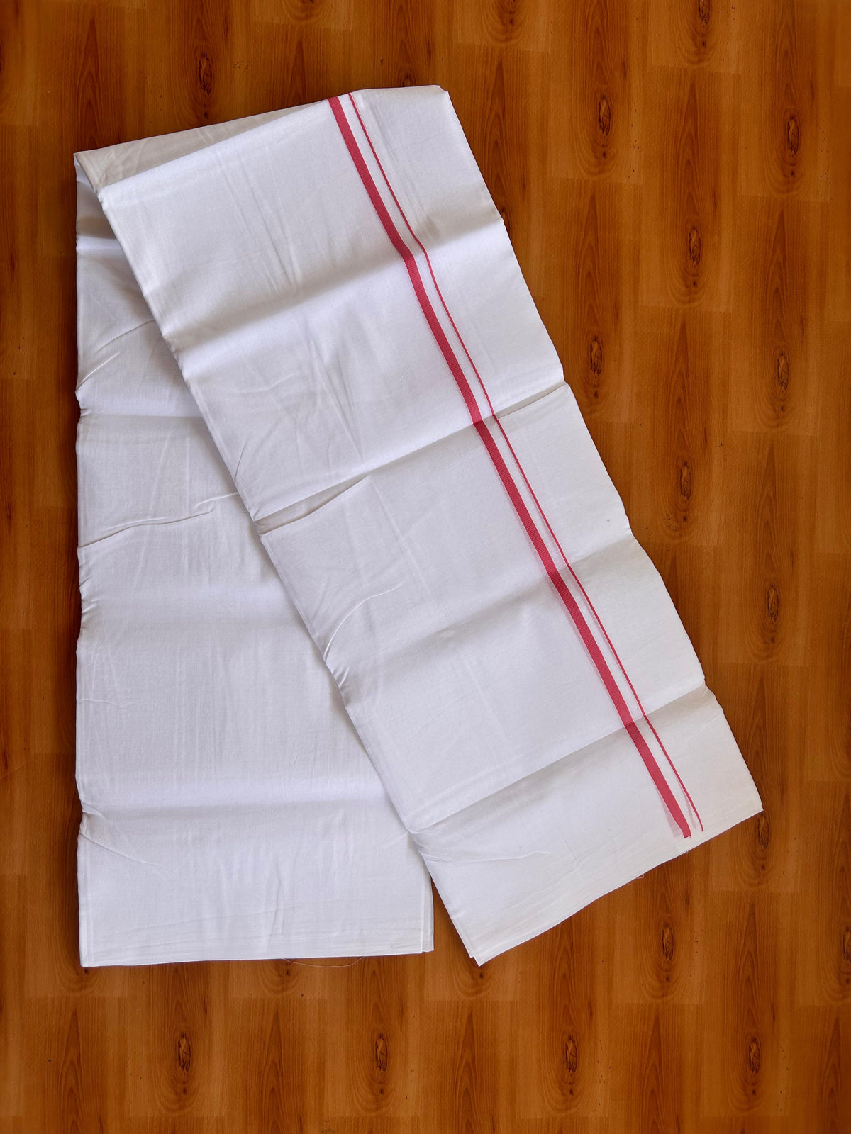Pure White Double Mundu/Dhoti - 20% Discount! KaithariKada Pulimood - 100% Cotton - 100x100 - 0.5 inch Rose Pink Thin Kara 4 mtr (8.5 muzham) - 9 KK5530 ASH